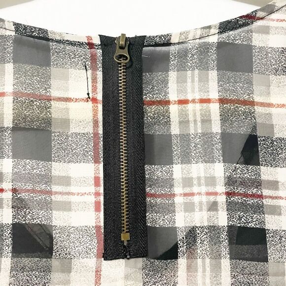 🟢Vintage Havana Plaid Semi Sheer V Neck Blouse Black Tan Red S - Picture 4 of 7